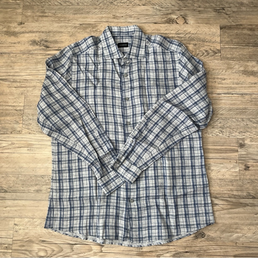 Ermenegildo Zegna Shirt Linen Light Blue And Gray Plaid Mens Shirt Large